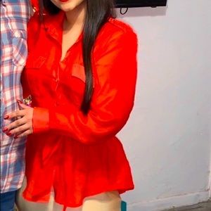 Red sheer button up blouse! 💄